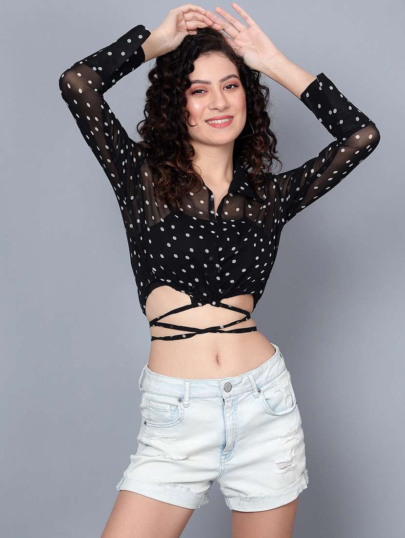black polka doted crop waist tie up shirt with cami