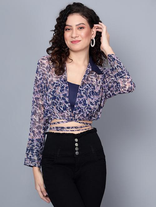 purple abstract print crop waist tie up shirt with cami - 20200419 - Standard Image - 0