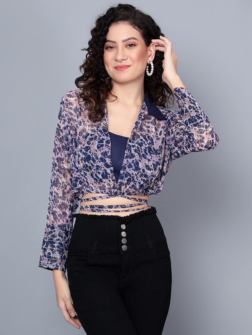 purple abstract print crop waist tie up shirt with cami - 20200419 - Zoom Image - 0