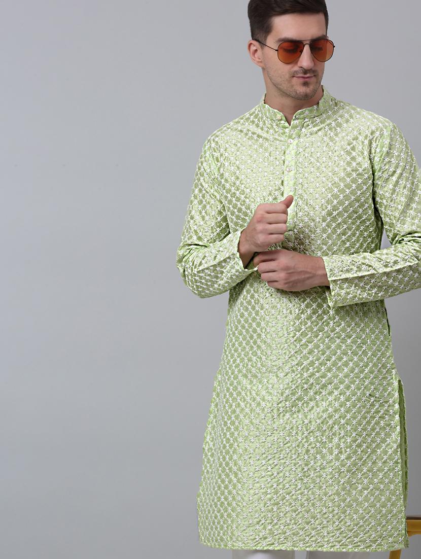men solid with work mandarin neck long kurta - 20204729 - Standard Image - 1