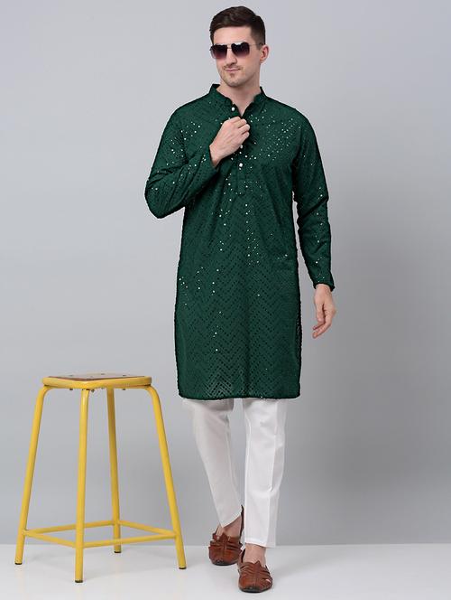 mandarin neck sequin work kurta pyjama set - 20205520 - Standard Image - 0