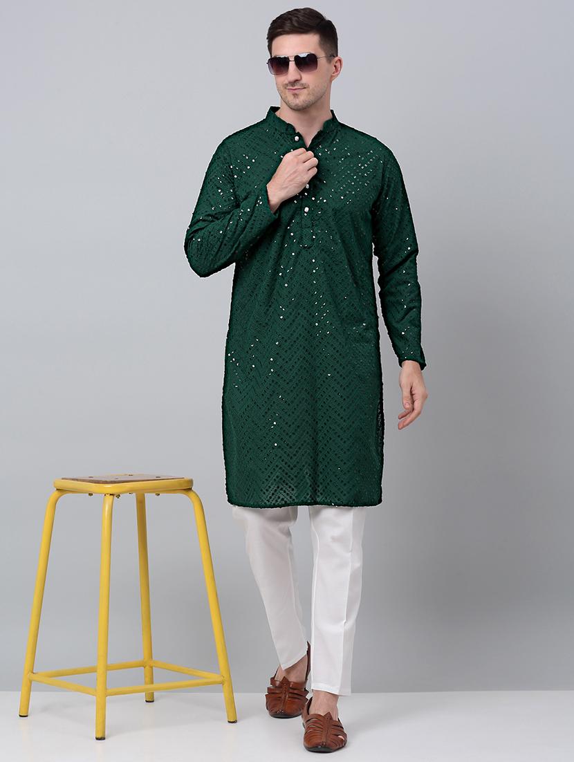 mandarin neck sequin work kurta pyjama set - 20205520 - Zoom Image - 0