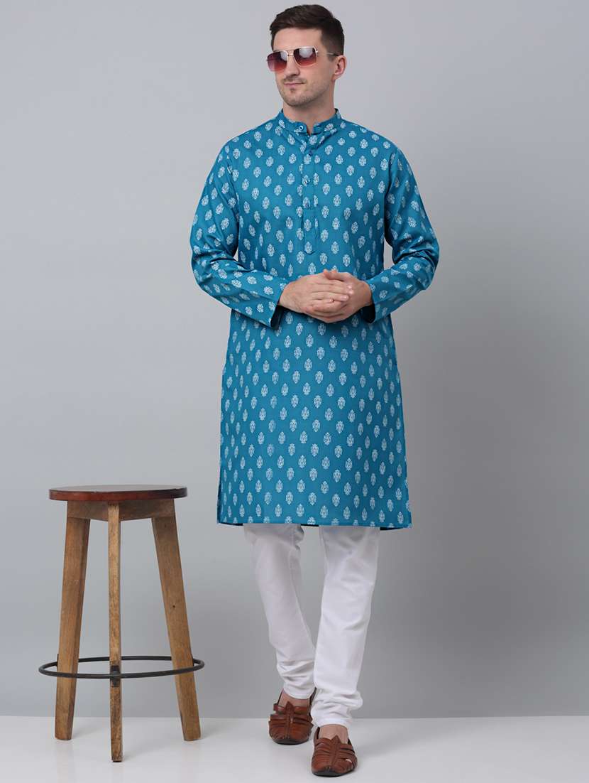 men printed long sleeve kurta churidar set