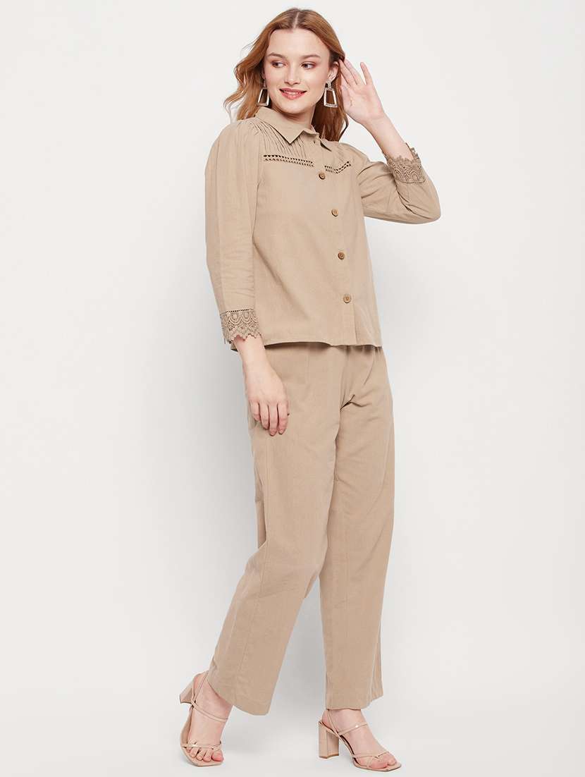 beige solid top and trouser co-ord set - 20207353 -  Standard Image - 1