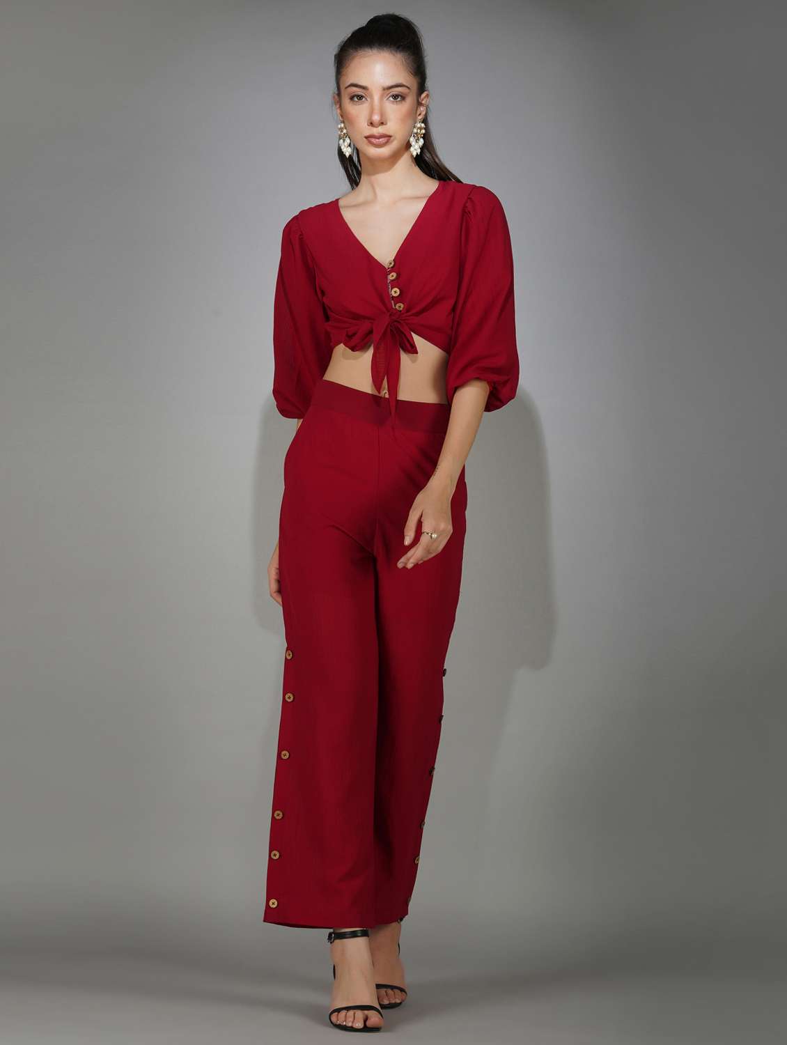 red solid top and trouser co-ord set