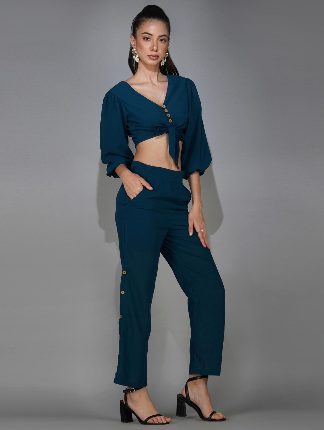 blue solid top and trouser co-ord set - 20207356 - Standard Image - 1