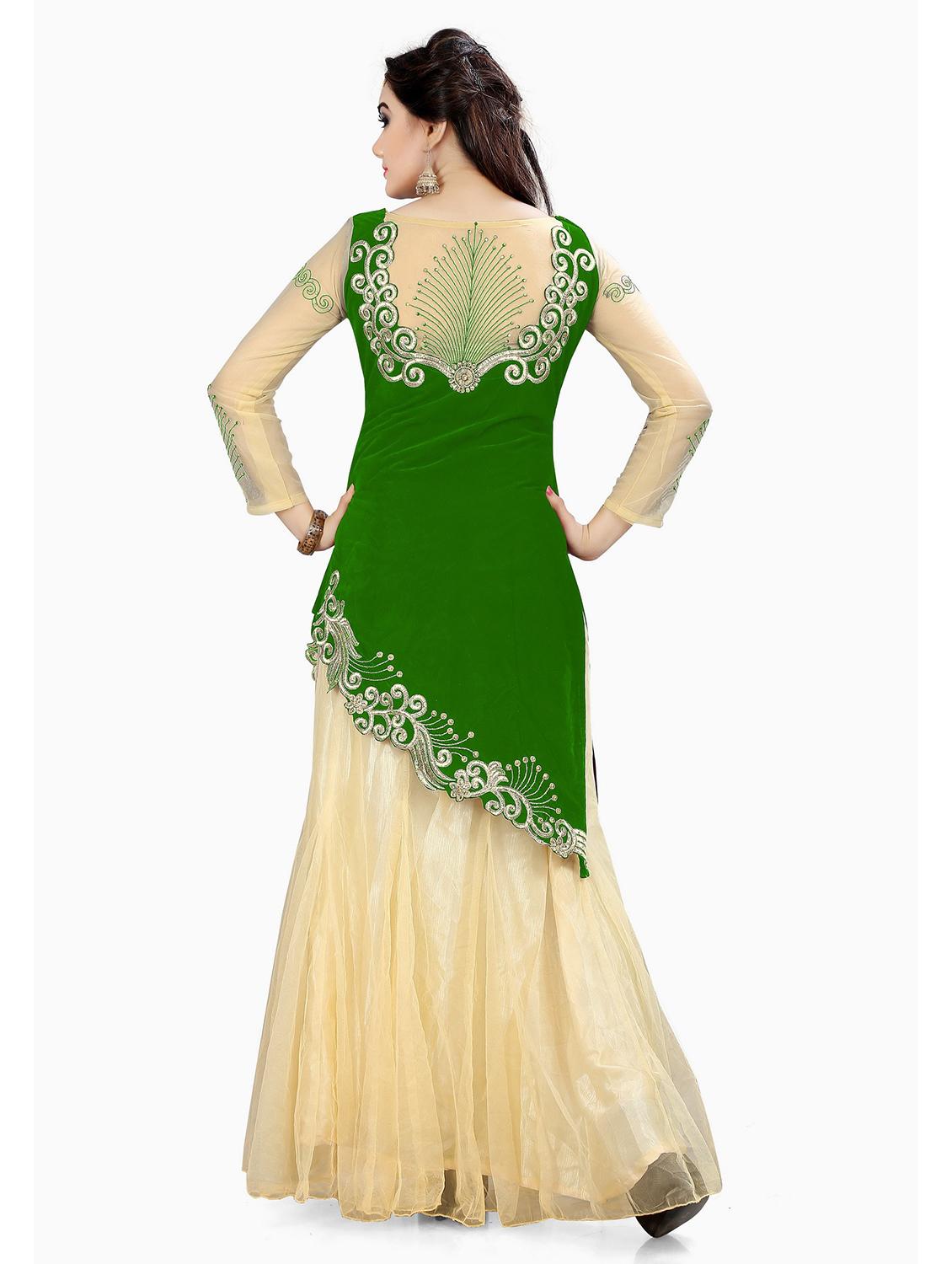 beige & green self design semi-stitched lehenga - 20208978 - Standard Image - 1