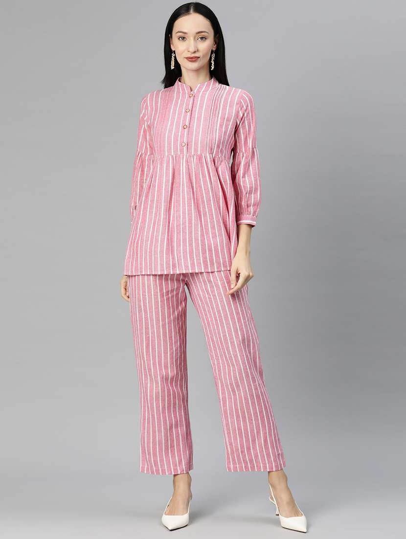 pink mandarin neck striped top and trouser co-ord set 
