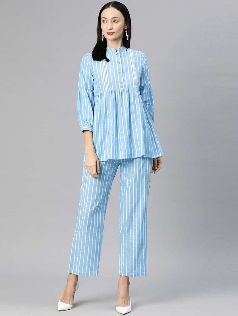 blue mandarin neck striped top and trouser co-ord set 