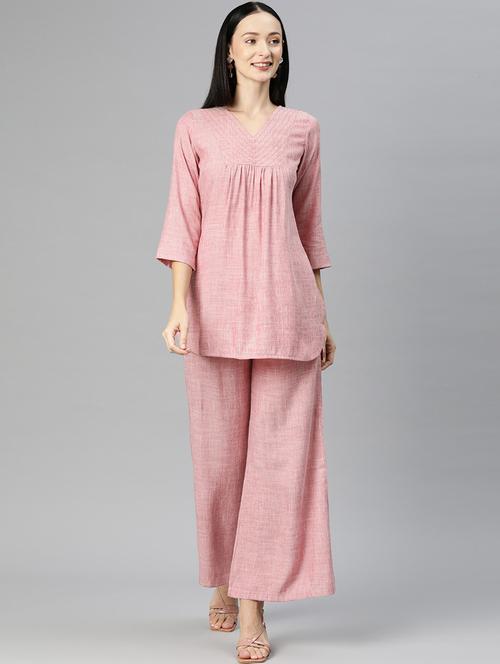 pink v neck solid top and palazzos co-ord set - 20209241 - Standard Image - 0