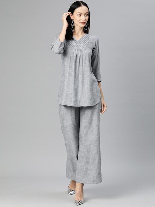grey v neck solid top and palazzo co-ord set - 20209242 - Standard Image - 0