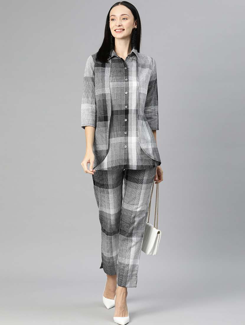 grey shirt collar checkered top and trouser co-ord set  - 20209245 -  Standard Image - 1