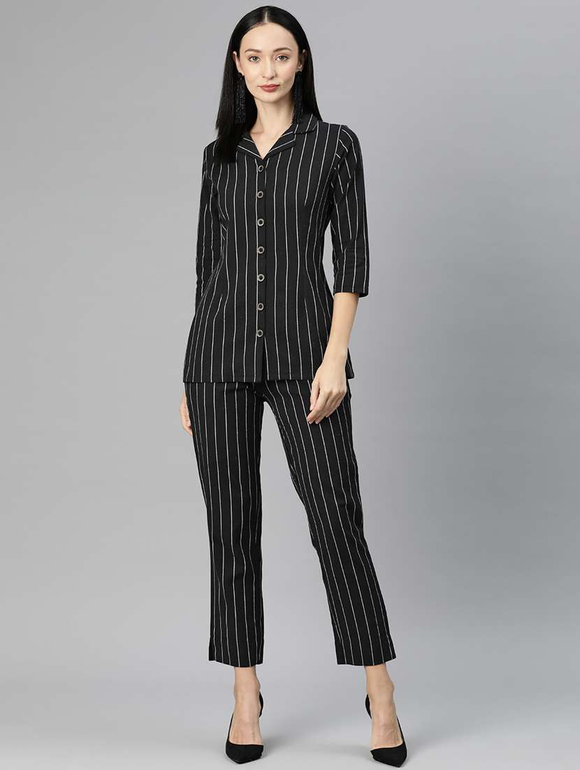 black lapel collar striped top and trouser co-ord set 