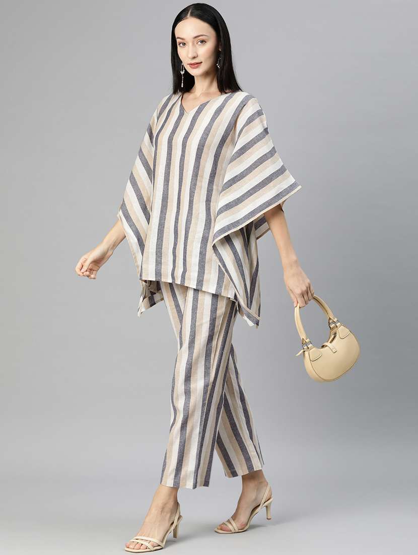 Multi Colored V-neck Striped Kaftan Top And Trouser Co-ord Set - 20209249 -  Standard Image - 1