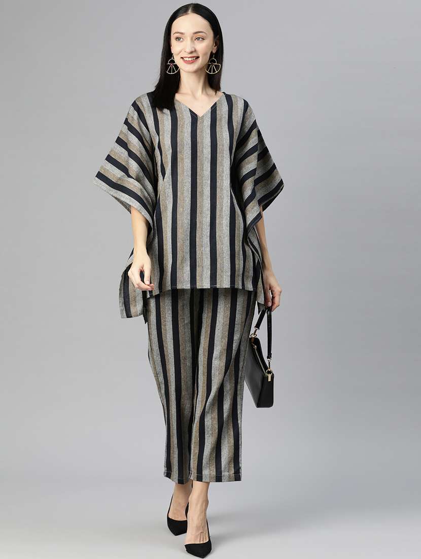grey v neck striped kaftan top and trouser co-ord set  - 20209250 -  Standard Image - 1