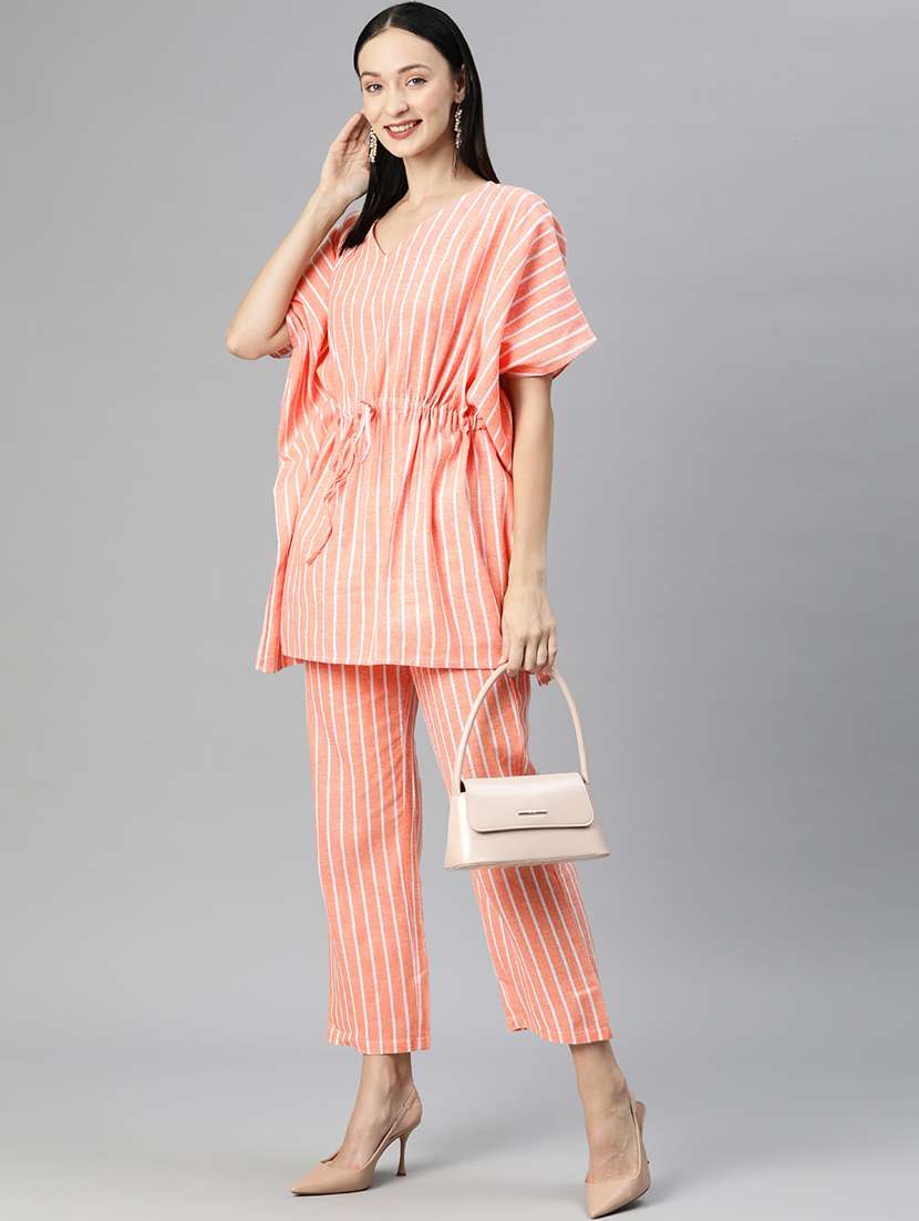 peach v neck striped kaftan top and trouser co-ord set  - 20209251 -  Standard Image - 1