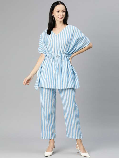 blue v neck striped kaftan top and trouser co-ord set  - 20209252 -  Standard Image - 0