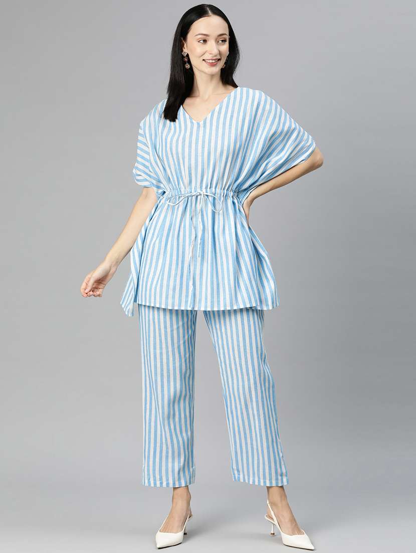blue v neck striped kaftan top and trouser co-ord set  - 20209252 -  Zoom Image - 0
