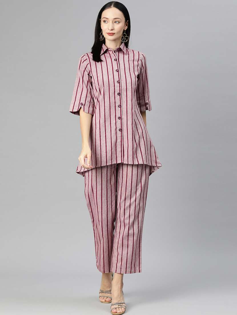 purple shirt collar striped top and trouser co-ord set 