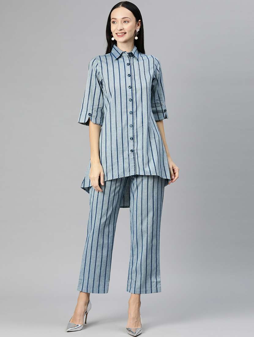 blue shirt collar striped top and trouser co-ord set 