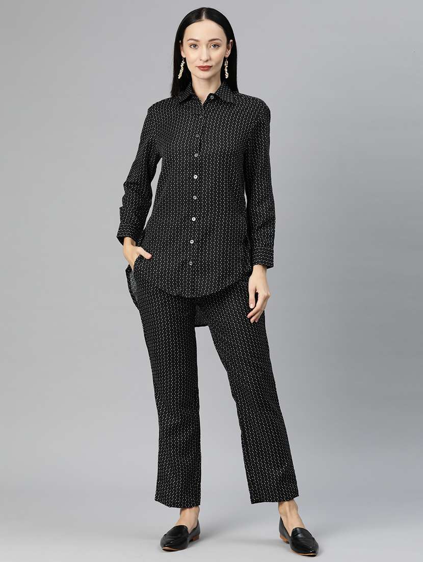 black shirt collar printed top and trouser co-ord set 