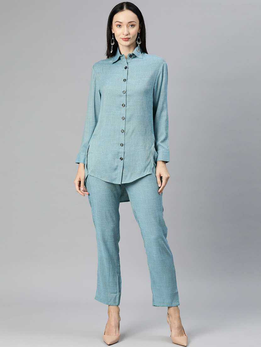 light blue shirt collar solid top and trouser co-ord set 
