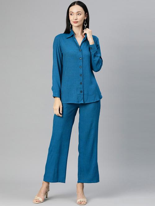 dark blue shirt collar solid top and trouser co-ord set - 20209262 - Standard Image - 0