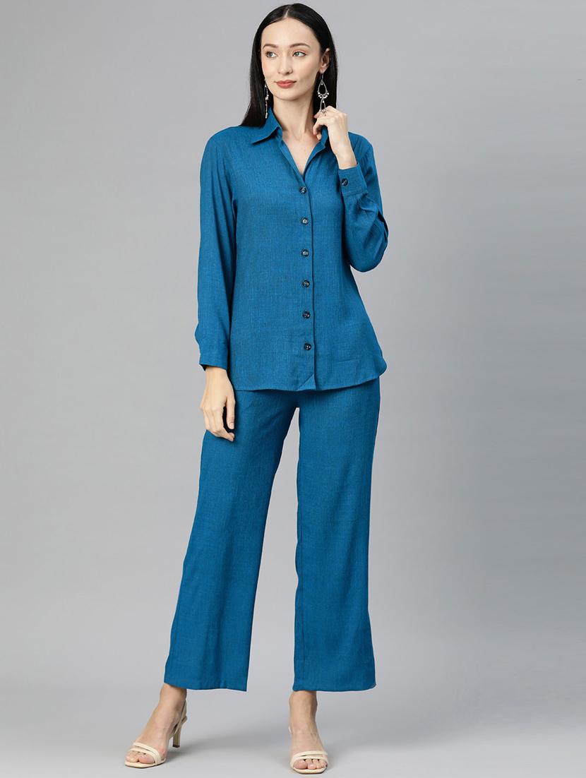dark blue shirt collar solid top and trouser co-ord set - 20209262 - Zoom Image - 0