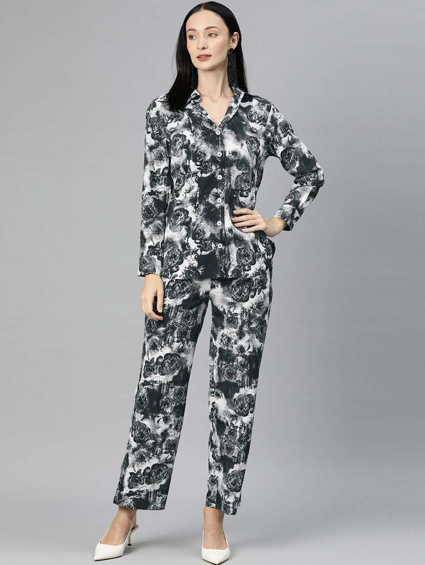 black shirt collar printed top and trouser co-ord set 