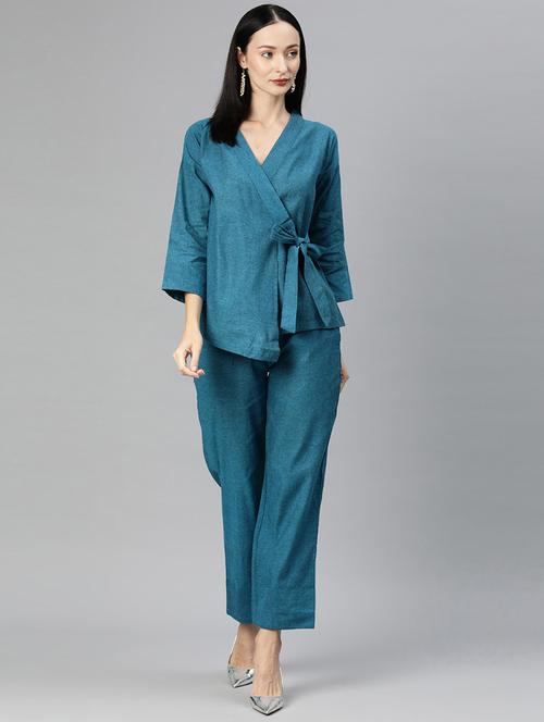blue solid wrap top and trouser co-ord set - 20209266 - Standard Image - 0