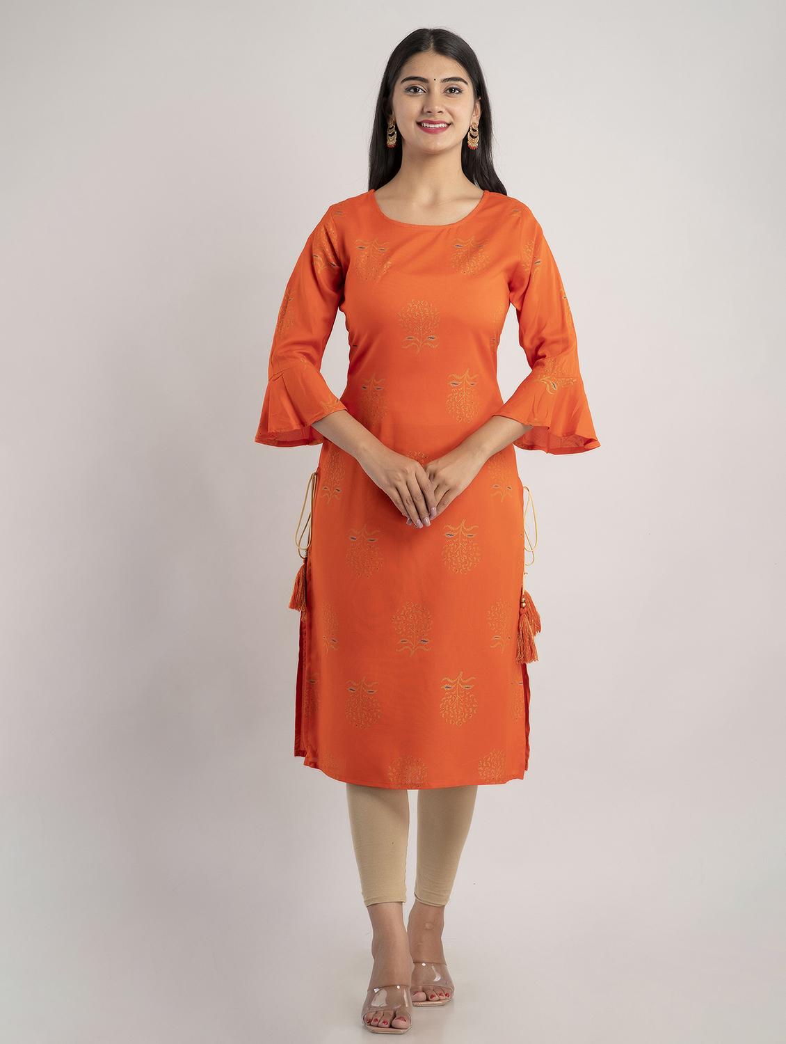 orange bell sleeve straight kurta - 20209277 -  Zoom Image - 0