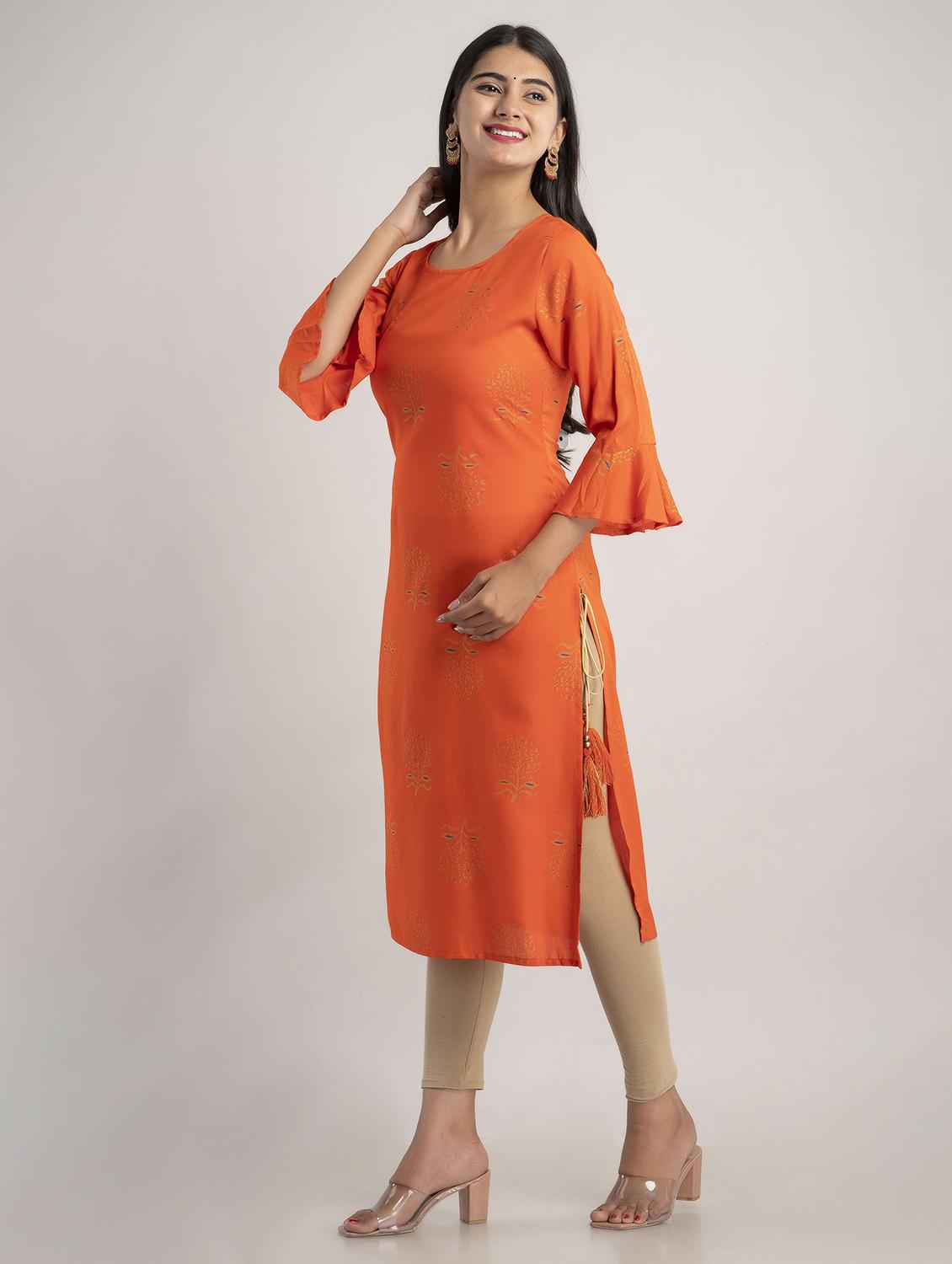 orange bell sleeve straight kurta - 20209277 -  Standard Image - 1