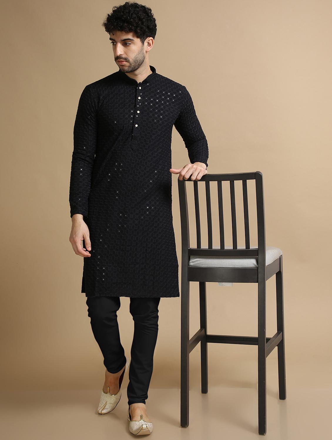 black rayon kurta pyjama ethnic wear set - 20211270 - Standard Image - 1