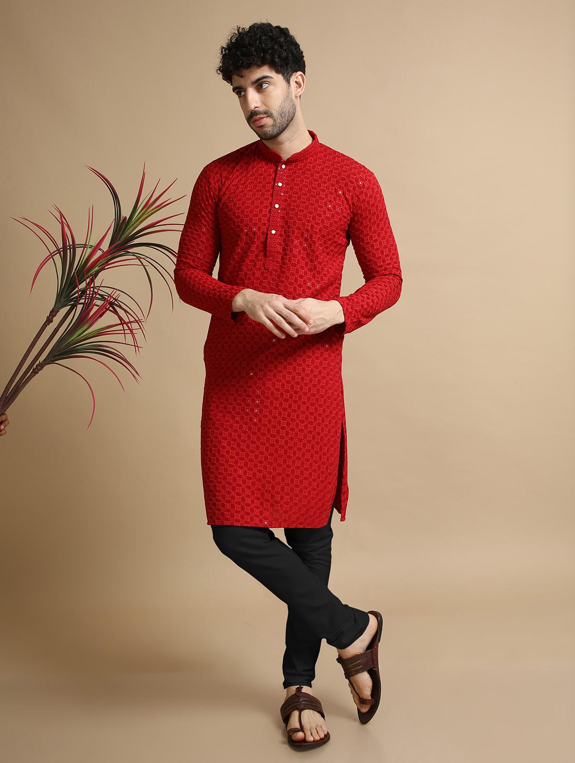 red rayon kurta pyjama ethnic wear set - 20211273 - Standard Image - 1