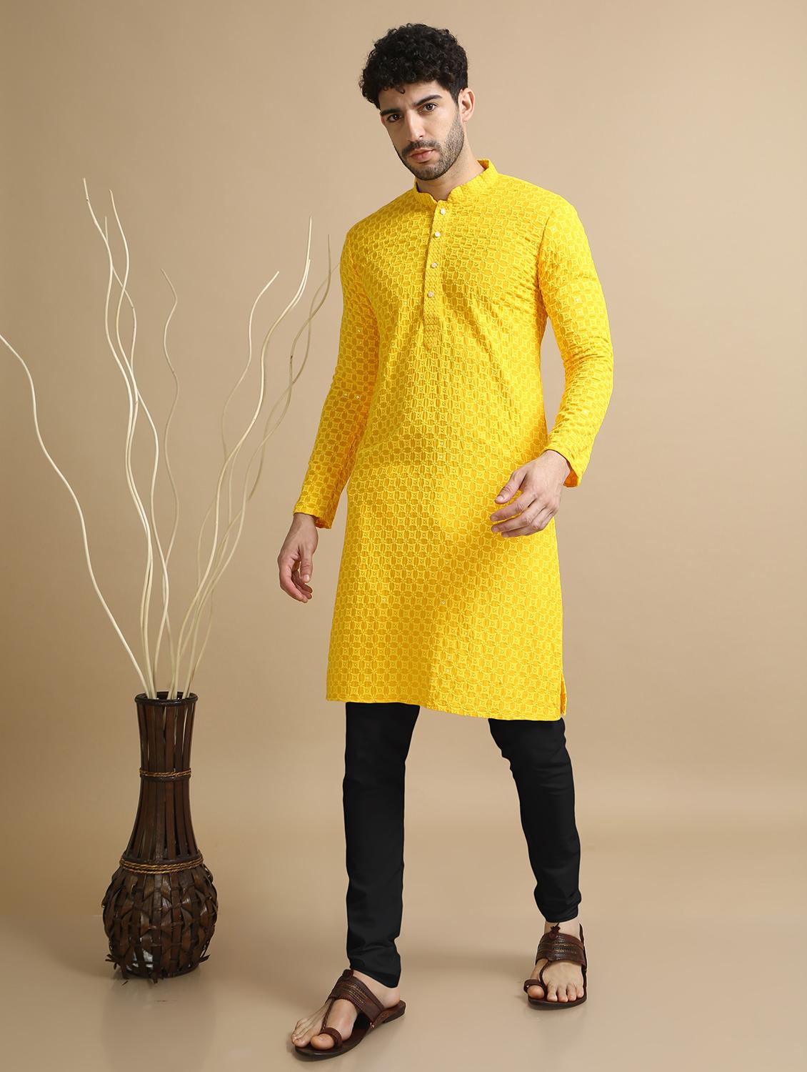 yellow rayon kurta pyjama ethnic wear set - 20211274 - Standard Image - 1