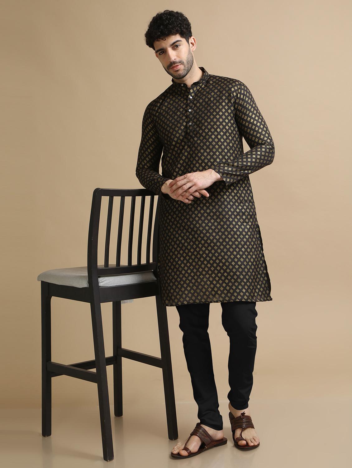 black cotton kurta pyjama ethnic wear set - 20211275 - Standard Image - 1