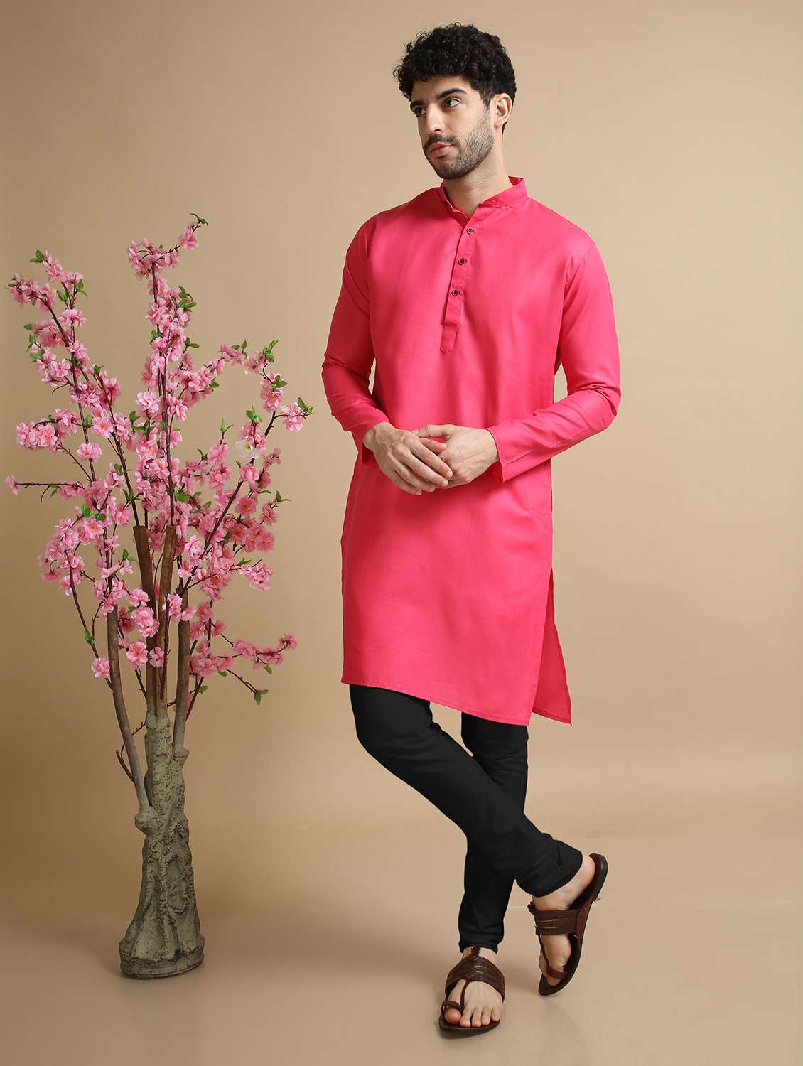 cotton solid kurta with black pyjama - 20211305 - Standard Image - 1