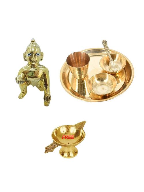 vannef brass laddo gopal/bala krishna with bhog plate with free diya brass (7 pieces, gold) - 20211312 - Standard Image - 0