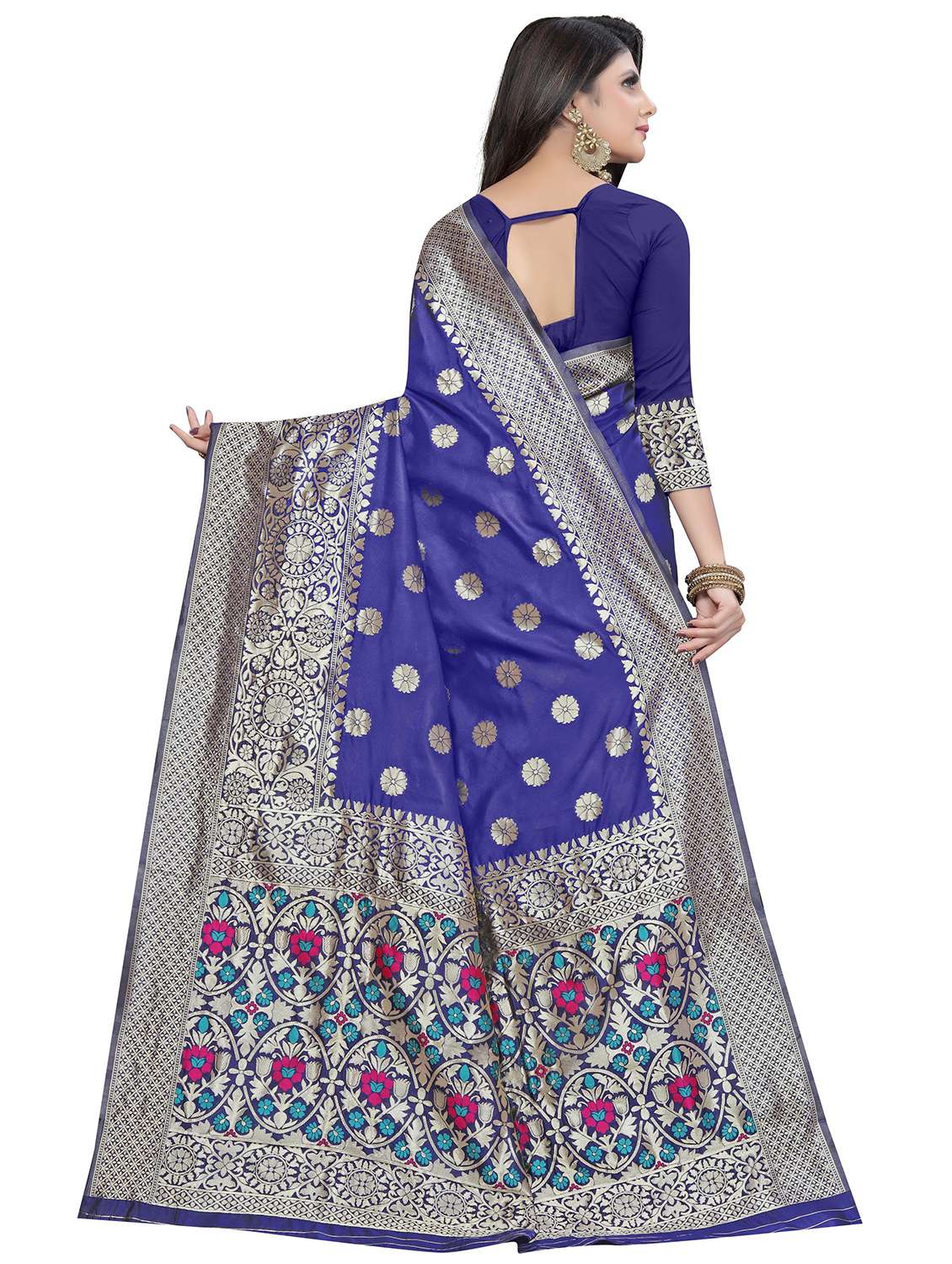 blue cotton blend banarasi saree with blouse - 20214263 -  Standard Image - 1