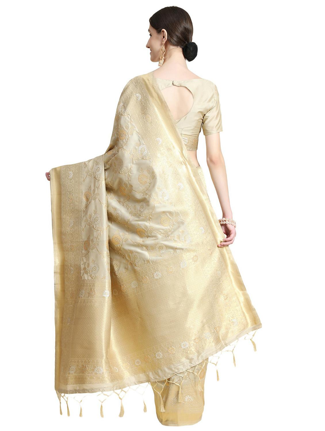 beige floral silk blend banarasi saree with blouse - 20214369 - Standard Image - 1