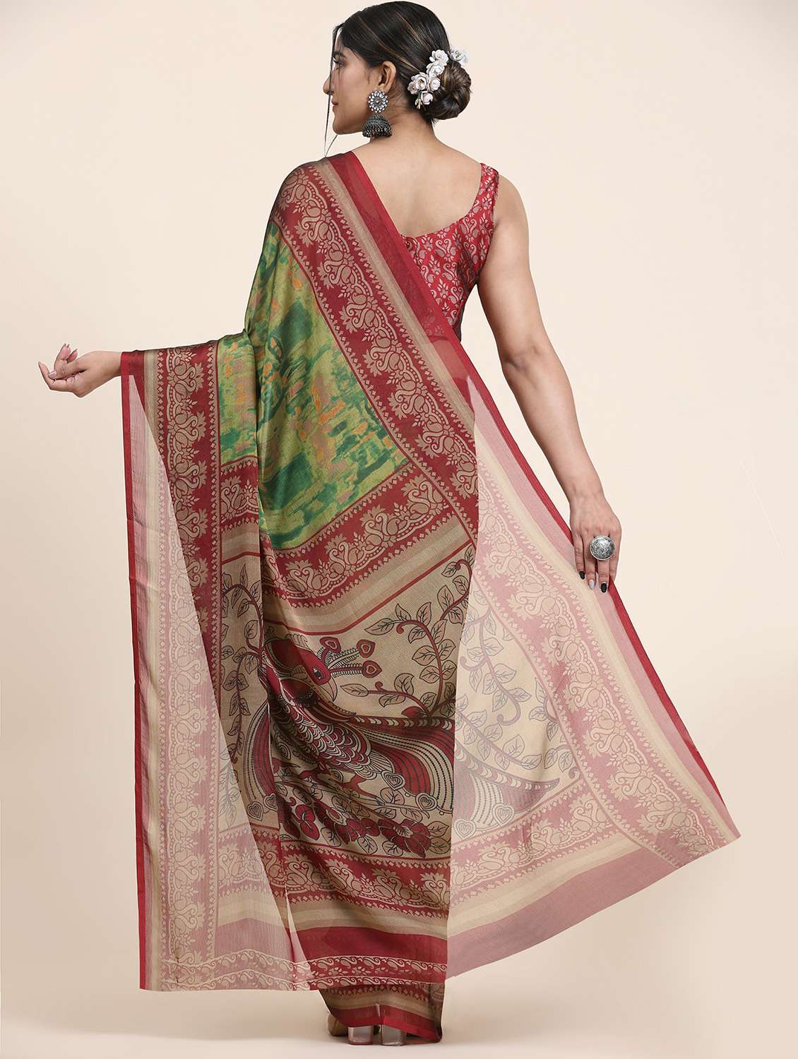 women's printed green colored saree with blouse - 20214379 - Standard Image - 1