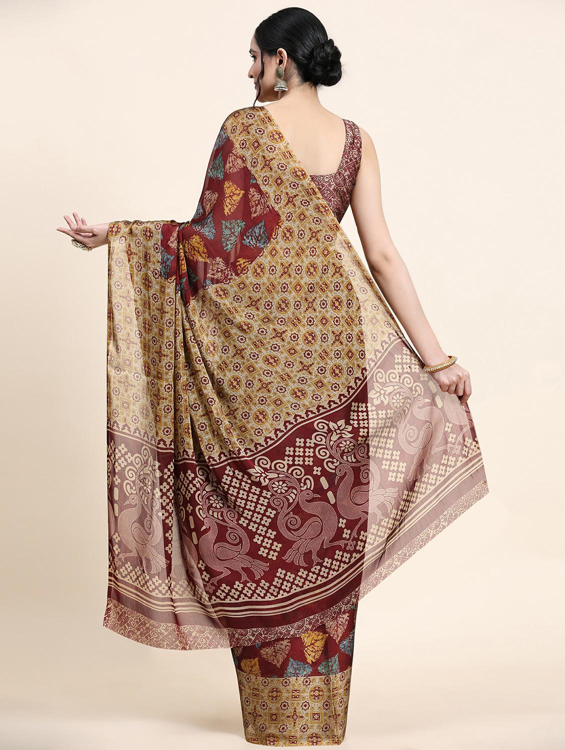 women's printed maroon colored saree with blouse - 20214389 - Standard Image - 1