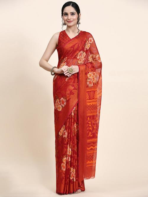 women's floral rust colored saree with blouse - 20214402 - Standard Image - 0