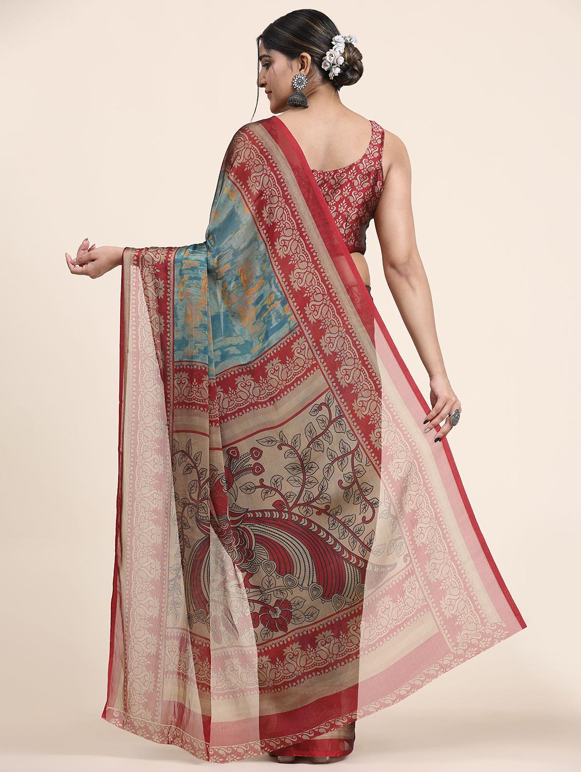 women's printed teal colored saree with blouse - 20214433 -  Standard Image - 1