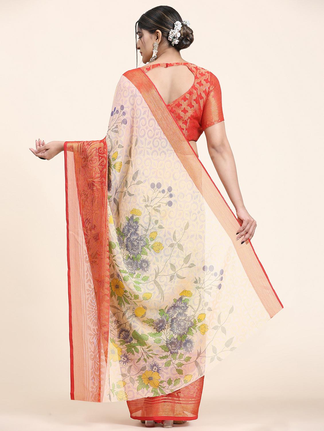 women's floral off white colored saree with blouse - 20214464 -  Standard Image - 1