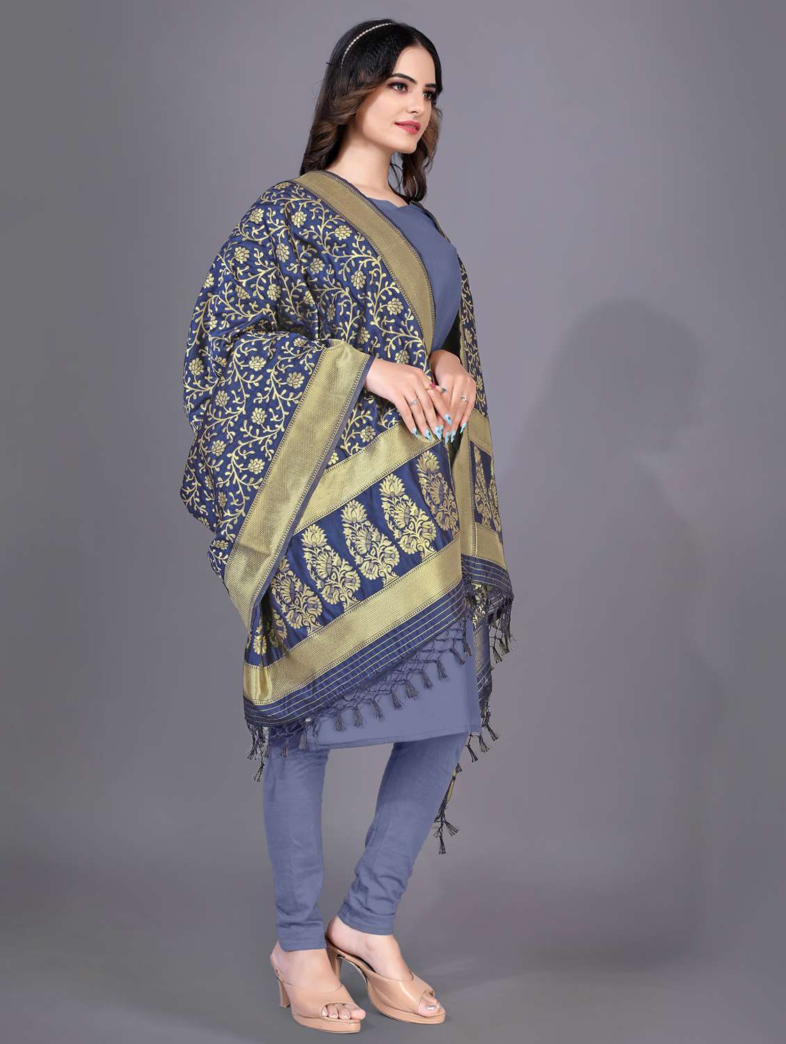 floral zari woven dupatta - 20214502 -  Standard Image - 1