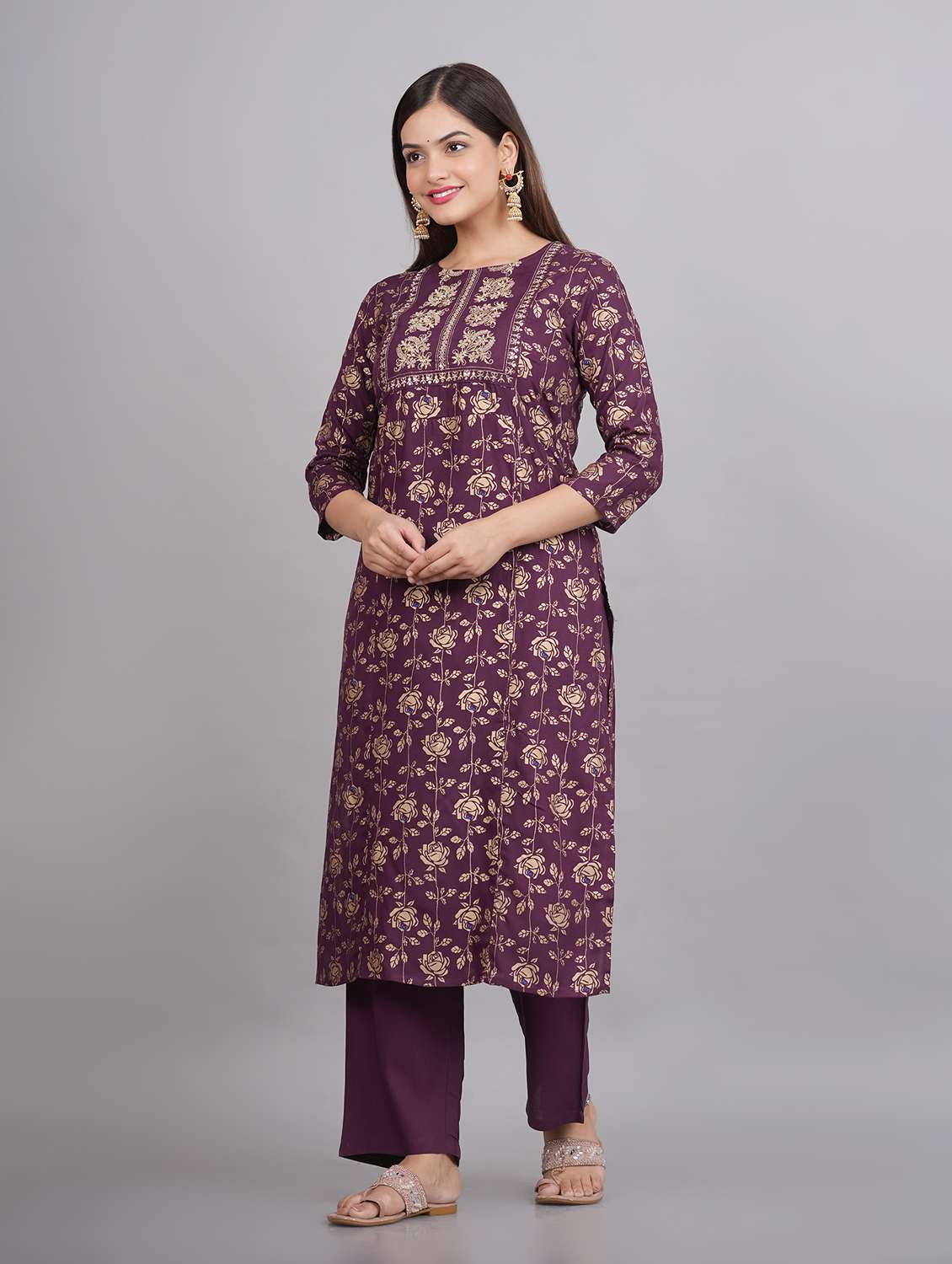 women purple floral printed straight kurta - 20215064 - Standard Image - 1