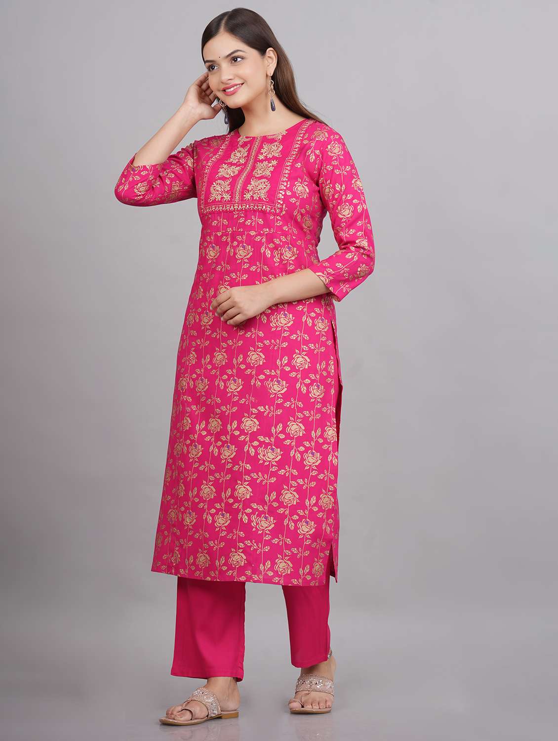pink floral printed round neck straight kurta - 20215065 - Standard Image - 1