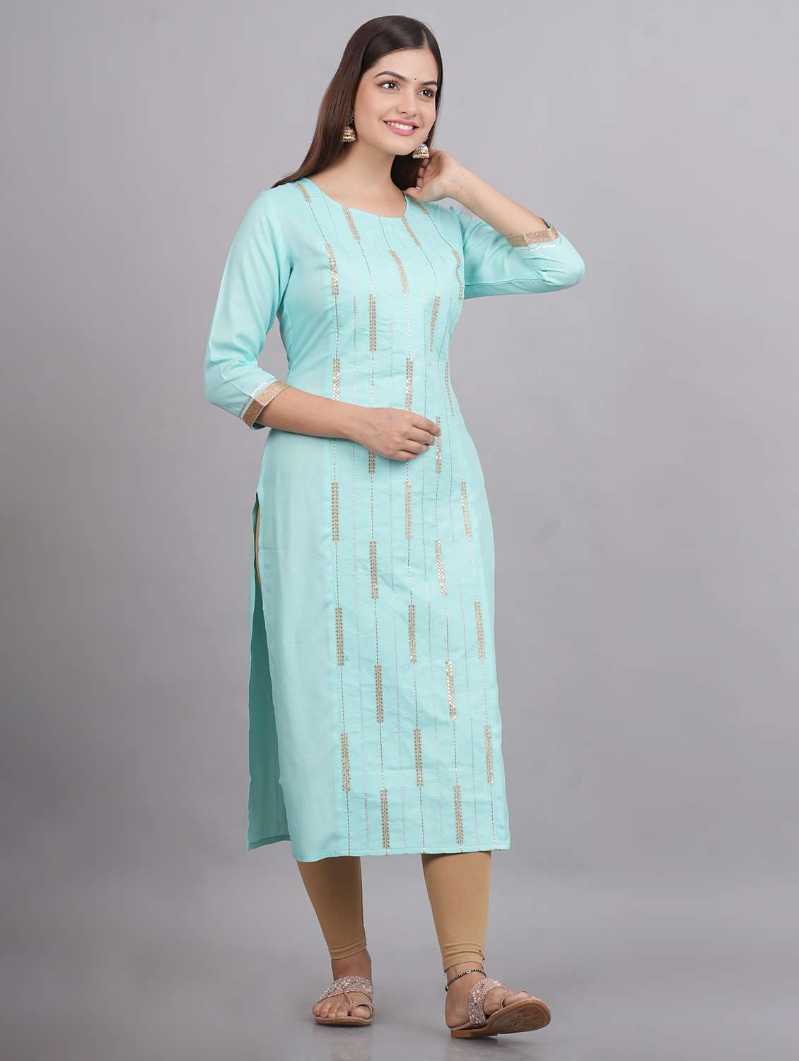 women light blue sequin work straight kurta - 20215071 -  Standard Image - 1