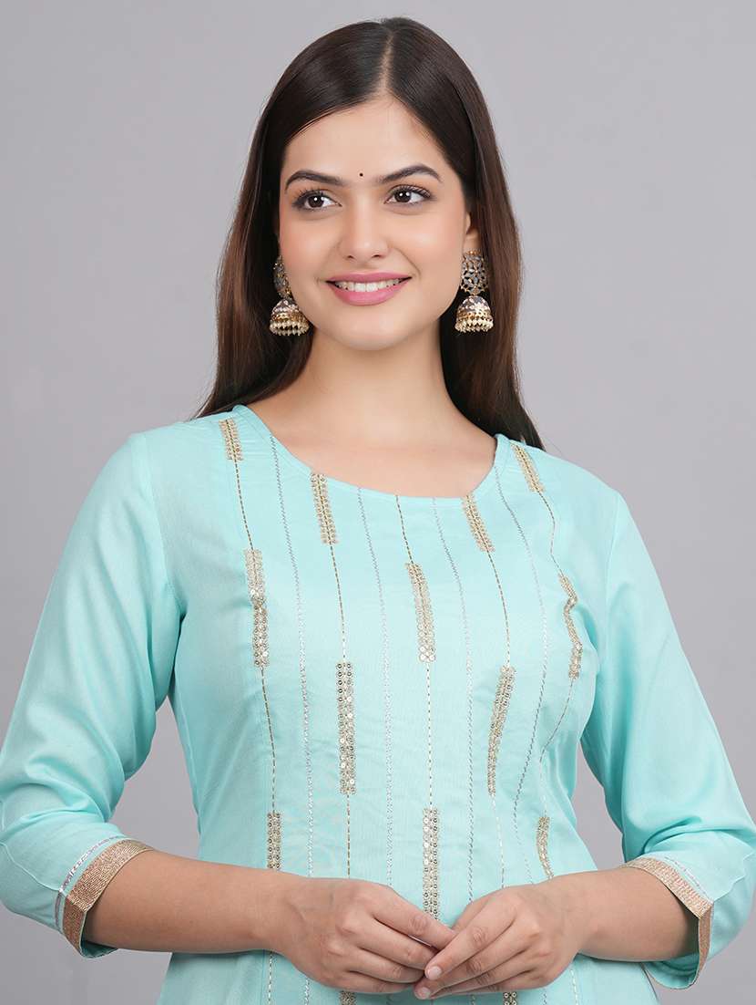 women light blue sequin work straight kurta - 20215071 -  Standard Image - 4